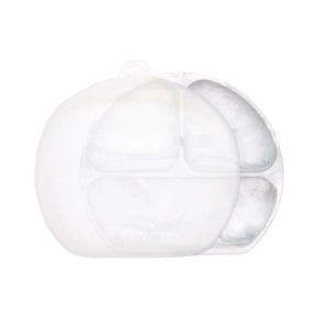 Bumkins Silicone Grip Dish with Lid (3 Section): Marble features a dish with 3 sections and suction base, and a transparent stretch lid.