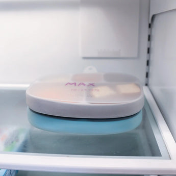 A Bumkins Silicone Grip Dish, gray with a leak-resistant lid, sits on a refrigerators glass shelf.