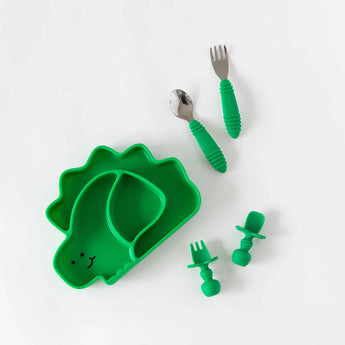 A dinosaur-shaped plate and two sets of utensils from Bumkins Ultimate Gift Set - Dinosaurs & Blue Tropic on a white background.