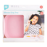 Bumkins Silicone Grip Tray: Pink in a white packaging box with a photo of a child and a clear window partially displaying the dish.