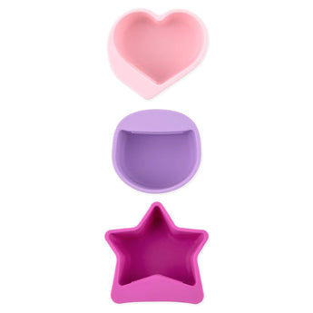 Bumkins Silicone Little Dipper 3-Pack: Lollipop includes pink heart, purple circle, and fuchsia star cups made of food-safe silicone.