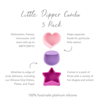 Infographic of Bumkins Silicone Little Dipper 3-Pack: 100% food-safe platinum silicone, attaches to most dishware, perfectly sized for sauces.
