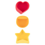 Bumkins Silicone Little Dipper 3-Pack: Tutti-Frutti includes red heart, orange circle, and yellow star cups made of food-safe silicone.