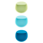 Bumkins Silicone Little Dipper Round 3-Pack: Gumdrop includes cups in green, light blue, & dark blue; stackable, with lips for easy hanging.