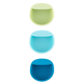 Bumkins Silicone Little Dipper Round 3-Pack: Gumdrop includes cups in green, light blue, & dark blue; stackable, with lips for easy hanging.