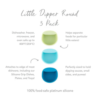 Infographic of Bumkins Silicone Little Dipper 3-Pack: 100% food-safe platinum silicone, attaches to most dishware, perfectly sized for sauces.