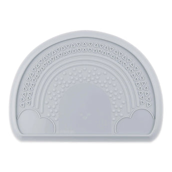 Bumkins Silicone Sensory Placemat: Gray features a raised rainbow and cloud design; ideal for sensory play.