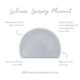 Infographic of Bumkins Silicone Sensory Placemat: 100% food-safe platinum silicone, raised edge, textured design, rolls up to take on the go.