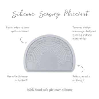 Infographic of Bumkins Silicone Sensory Placemat: 100% food-safe platinum silicone, raised edge, textured design, rolls up to take on the go.