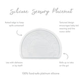 Infographic of Bumkins Silicone Sensory Placemat: 100% food-safe platinum silicone, raised edge, textured design, rolls up to take on the go.