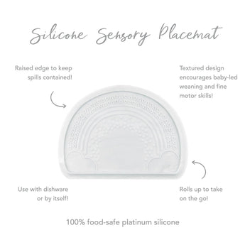 Infographic of Bumkins Silicone Sensory Placemat: 100% food-safe platinum silicone, raised edge, textured design, rolls up to take on the go.