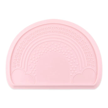 Bumkins Silicone Sensory Placemat: Pink features a raised rainbow and clouds design with a non-slip bottom, made of food-safe silicone.