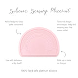 Infographic of Bumkins Silicone Sensory Placemat: 100% food-safe platinum silicone, raised edge, textured design, rolls up to take on the go.