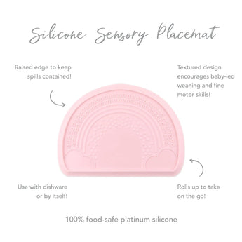Infographic of Bumkins Silicone Sensory Placemat: 100% food-safe platinum silicone, raised edge, textured design, rolls up to take on the go.