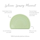 Infographic of Bumkins Silicone Sensory Placemat: 100% food-safe platinum silicone, raised edge, textured design, rolls up to take on the go.