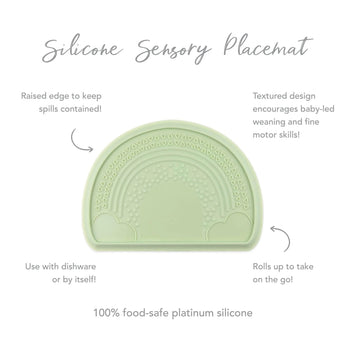 Infographic of Bumkins Silicone Sensory Placemat: 100% food-safe platinum silicone, raised edge, textured design, rolls up to take on the go.
