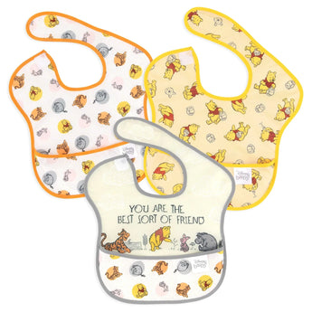 Bumkins SuperBib® 3 Pack: Pooh Bear and Friends includes 3 waterproof bibs with Winnie the Pooh designs and a front pocket.