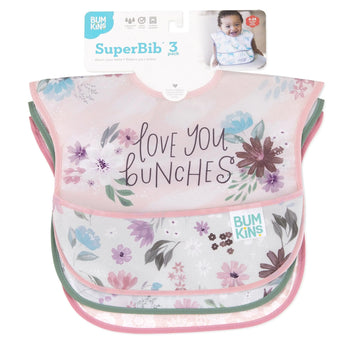 Bumkins SuperBib® 3 Pack: Love You Bunches, waterproof floral design, adjustable for ages 6-24 months.