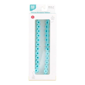 Bumkins Silicone Accessory Tether 2-Pack: Blue is shown in a white packaging box, with a clear front window displaying the product.