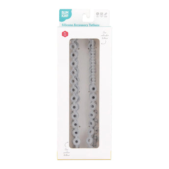 Bumkins Silicone Accessory Tether 2-Pack: Gray is shown in a white packaging box, with a clear front window displaying the product.