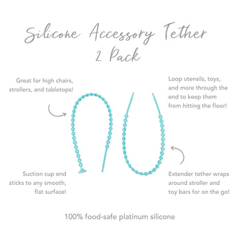 Infographic of Bumkins Silicone Accessory Tether 2-Pack:100% food-safe platinum silicone, suction cup end, extended tether.