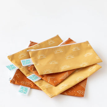 Bumkins Reusable Snack Bag, Small 2-Pack: Sunshine and Grounded sits on top of another similar set of bags on a white background.