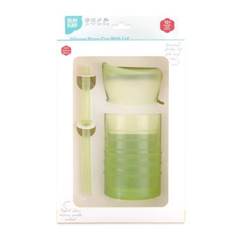 Bumkins Silicone Straw Cup with Lid: Sage is shown in a white packaging box, with a clear front window displaying the cup and straw.