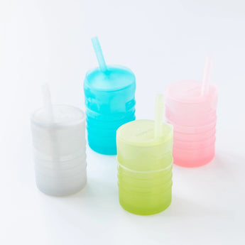 Four cups with straws, including Bumkins Silicone Straw Cup with Lid: Sage, sit on a white background.
