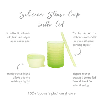 Infographic of Bumkins Silicone Straw Cup with Lid: 100% food-safe platinum silicone, sized for little hands, transparent silicone.