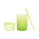 Bumkins Silicone Straw Cup with Lid: Sage features LFGB-grade silicone, lid and straw, and side measurements.