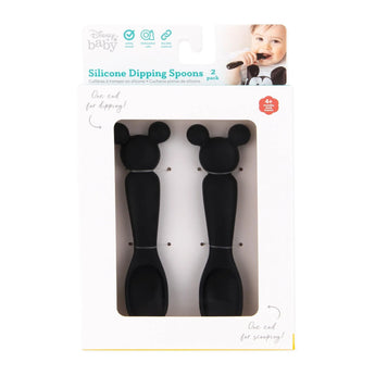 Bumkins Silicone Dipping Spoons: Mickey Mouse (Classic Black) are shown in a white packaging box with a front window displaying the spoons.