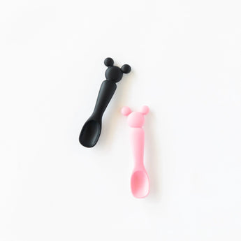 Minnie & Mickey Mouse Black + Pink Silicone Dipping Spoons | Bumkins Minnie & Mickey Mouse Black + Pink Silicone Dipping Spoons | Bumkins