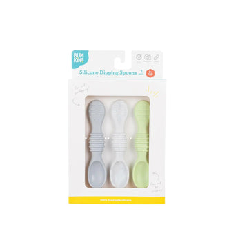 Bumkins Silicone Dipping Spoons 3 Pack: Taffy features three food-safe baby utensils in gray, white, and green.