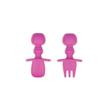 Bumkins Silicone Chewtensils® in Fuchsia: a spoon and fork designed for baby-led weaning on a white background.