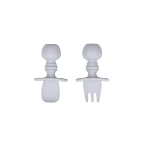 Bumkins Silicone Chewtensils®: Gray includes two gray utensils with rounded handles, made from 100% food-safe silicone.