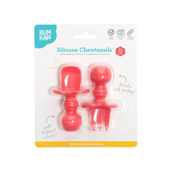 Bumkins Silicone Chewtensils®: Red includes a red spoon and fork with sensory bumps, 100% food-grade silicone, for 6+ months.
