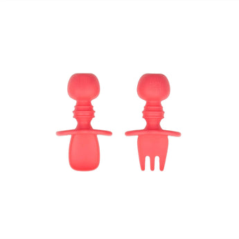 Bumkins Silicone Chewtensils®: Red includes a spoon and fork with short handles, rounded ends, and sensory bumps for easy baby-led weaning.