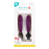 Bumkins Spoon + Fork set in purple, features wide handles for easy toddler feeding, packed in a box.