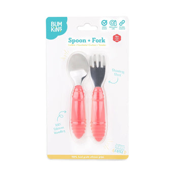 Bumkins Spoon + Fork in Red features food-safe silicone handles, great for self-feeding toddlers. Suitable for ages 18+ months.