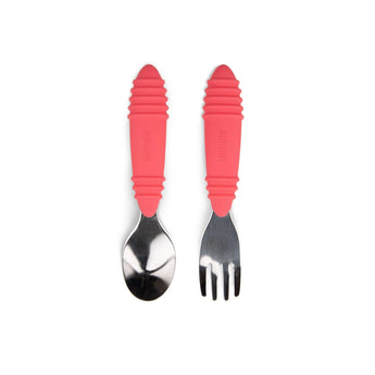 Bumkins Spoon + Fork: Red—silver toddler utensils with red rubber handles for self-feeding, great for little hands.