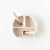 Bumkins Spoon + Fork: Sand sits on a matching divided plate on a white background.