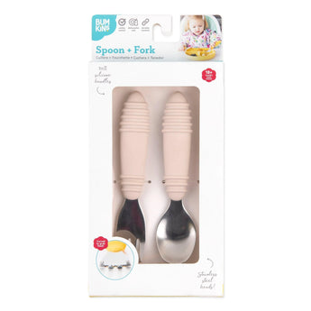 Bumkins Spoon + Fork: Sand is shown in a white packaging box with a clear front window displaying the set of utensils.