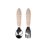 Bumkins Spoon + Fork: Sand, made from food-safe silicone, features beige textured handles and stainless steel heads.
