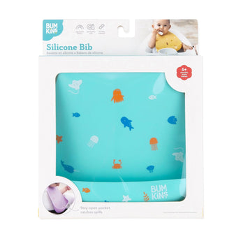 Bumkins Silicone Bib: Ocean Life is shown in a white packaging box with a clear front window displaying the bib.