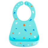 Bumkins Silicone Bib: Ocean Life is made of blue silicone and adorned with sea creatures like jellyfish and whales.