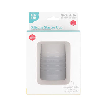 Bumkins Silicone Starter Cup: Gray is shown in a white packaging box, with a front window displaying the cup.
