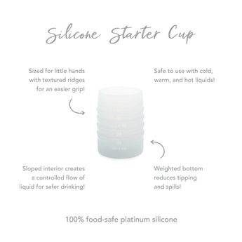 Infographic of Bumkins Silicone Starter Cup: 100% food-safe platinum silicone, weighted bottom, safe to use with cold and hot liquids.