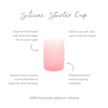 Infographic of Bumkins Silicone Starter Cup: 100% food-safe platinum silicone, weighted bottom, safe to use with cold and hot liquids.