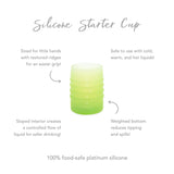 Infographic of Bumkins Silicone Starter Cup: 100% food-safe platinum silicone, weighted bottom, safe to use with cold and hot liquids.