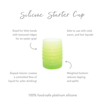 Infographic of Bumkins Silicone Starter Cup: 100% food-safe platinum silicone, weighted bottom, safe to use with cold and hot liquids.